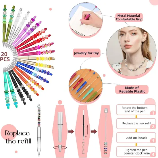 300 Pcs Beadable Pen Set - 20 Pens, 40 Refills, 240 Retro Color Rhinestone Beads for DIY Projects {5}