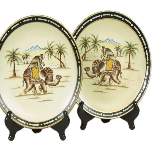 Pair of Elephant With Monkey Decorative Plates 10 Inch Diameter Multicolor {3}