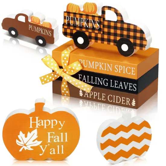 5 Pieces Fall Decor Fall Tiered Tray Decor Thanksgiving Wooden Signs 3 Mini Faux Decorative Books Bundle with Twine Pumpkin Wooden Truck Farmhouse Rustic for Autumn Thanksgiving Table Decor (Pumpkin) {2}