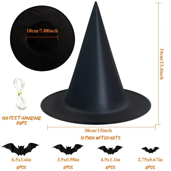 Witch hat 12 Pack Halloween Witch Hats with 108 Feet Hanging Rope 32Pcs 3D Bats, Hanging Witch Hats Halloween Decor Witches Costume Accessory for Halloween Party Favor {2}