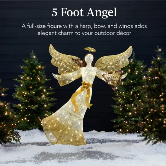 Best Choice Products 5ft Lighted Outdoor Angel Christmas Decoration for Lawn w/ 140 LED Lights, Harp, Bow, Ground Stakes Gold {3}