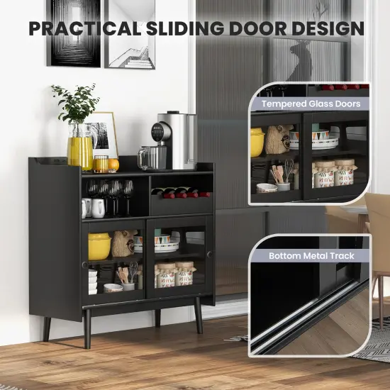 Costway Kitchen Buffet Sideboard Organizer Liquor Bar Cabinet with Wine Rack & Sliding Door {5}