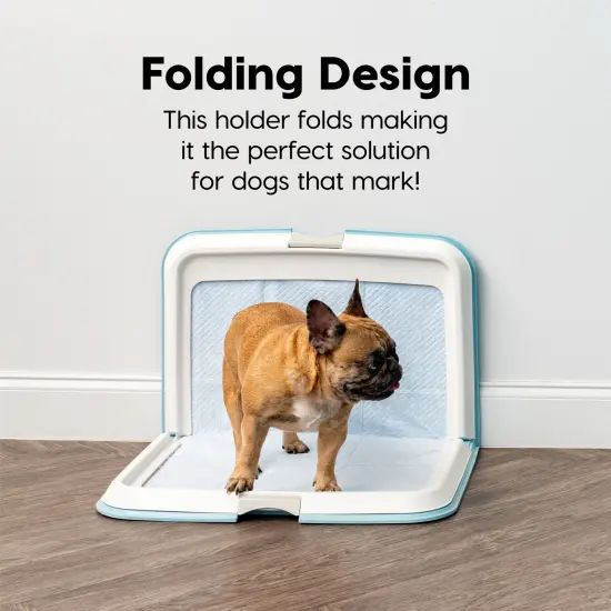 IRIS USA Pee Pad Holder, Fits 23.5"x35.5" or Larger, XL, Marking and Leg Lifting Dog Pad Hoder, Foldable, Secured Latches, Non-Skid Rubber Feet, High Polish Finish for Easy Cleaning, Blue {2}