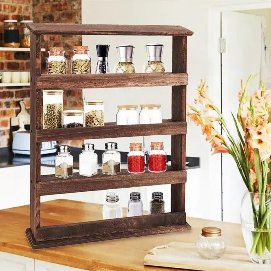 Wall Hanging Wood Spice Holder 4 Tier Vertical Kitchen Rack Spice Storage Shelf {3}