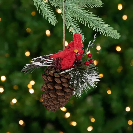 Northlight Woodland Cardinal Bird Perched on a Pinecone Frosted Christmas Ornament - 6.75" Red {1}