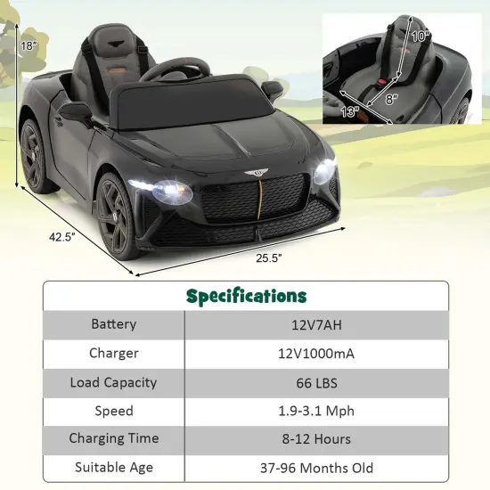 Costway 12V Licensed Bentley Bacalar Kids Electric Ride-on Car with Remote Control Green/Red/White/Black {3}