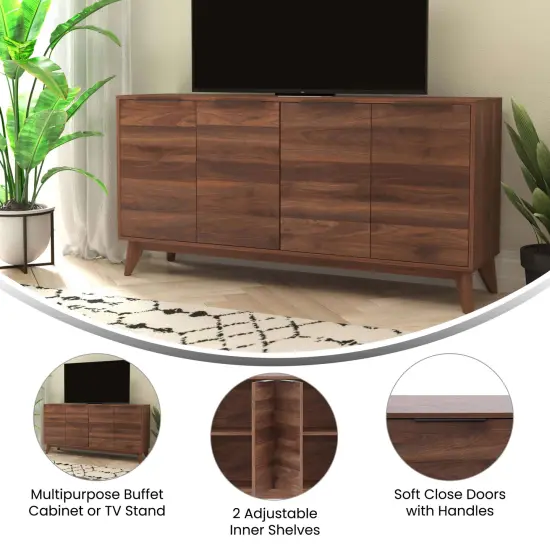 Emma and Oliver Beverly Mid-Century Modern Wooden Buffet with Soft Close Doors, Shelving and Sleek Tapered Legs with Protective Floor Glides Dark Walnut {4}