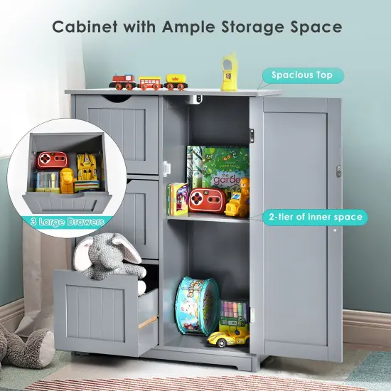 Costway Bathroom Floor Cabinet Side Storage Cabinet with 3 Drawers and 1 Cupboard Grey\ Black {4}