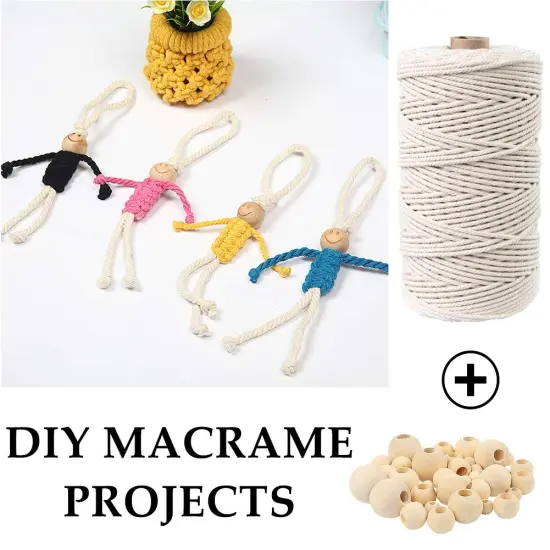 120 Pieces Macrame Kits for Beginners 3mm x 109yards Natural Cotton Macrame Cord with Wooden Beads & Rings,Wooden Sticks,Metal Rings Macrame Supplies Best for Macrame Plant Hanger {3}