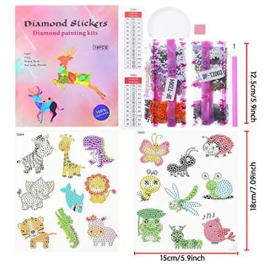 5D Diamond Painting Stickers Kits for Kids Arts and Crafts, Cartoon Stickers Stick Paint with Diamonds by Numbers, 18Pcs Cute Insect, Animals, Easy to DIY {3}