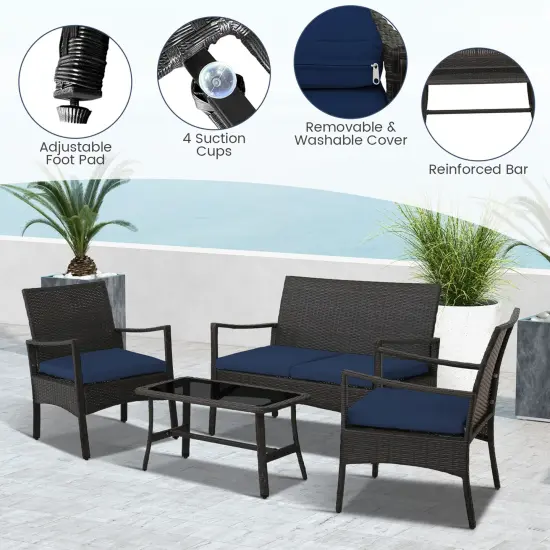 Costway 8PCS Patio Rattan Wicker Furniture Set Cushioned Sofa Armrest Coffee Table Navy {5}