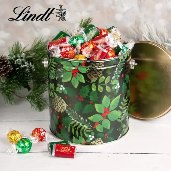 3 lb Happy Holidays Candy Gift Tin Hershey's Miniatures & Lindt Truffles - Golden Pinecones {1}