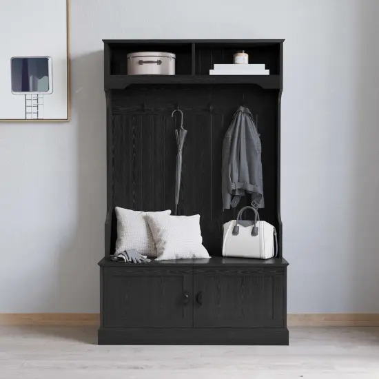 Merrick Lane Wallen Hallway Tree with Bench Seating, 4 Double Coat Hooks, Upper Storage and Double Door Under Bench Storage Black {1}