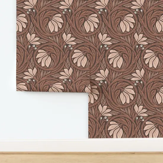 Pre-Pasted Wallpaper 2FT Wide Rustic Flowers Vines Monochromatic Earth Tone Lines Swirls Abstract Floral Farmhouse Custom Pre-pasted Wallpaper by Spoonflower {2}
