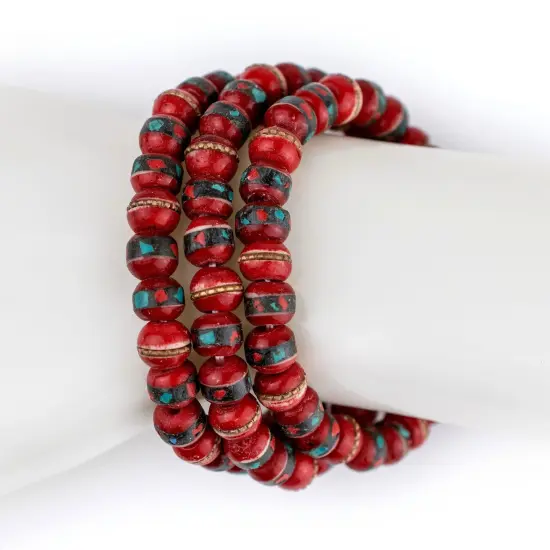 The Bead Chest Mala Stretch Bracelet, Red - Stackable Nepal Bone Inlaid with Turquoise & Coral Colors, 100% Authentic and Genuine {4}
