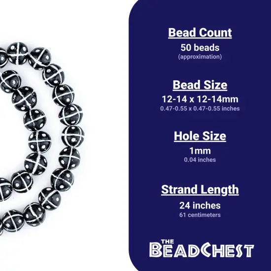 The Bead Chest Terracotta Black & White French Cross Beads 14mm Black and White Round Clay 24 Inch Strand {4}