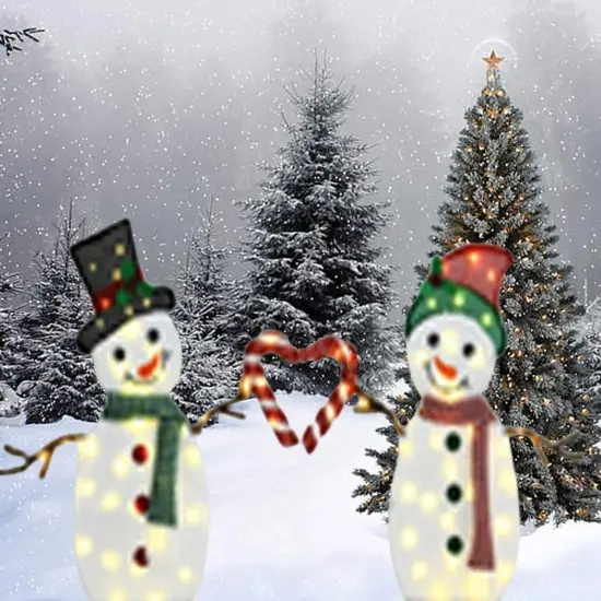 30" & 32" Lighted Heart Snowmen Set of Two Christmas Yard Figures {4}
