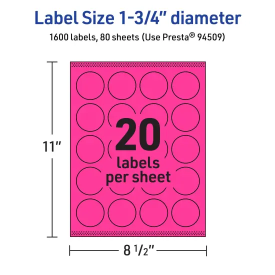 Avery Neon Magenta Paper Labels, 1.75" Diameter Round {5}