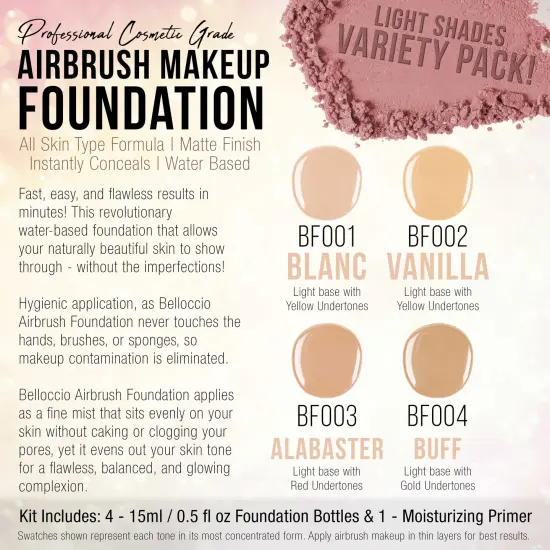 Belloccio Complete Cordless Handheld Airbrush Cosmetic Makeup System with 4 Fair Foundation Shades, 18-Piece Kit, Primer, Blush, Bronzer, Highlighter {4}