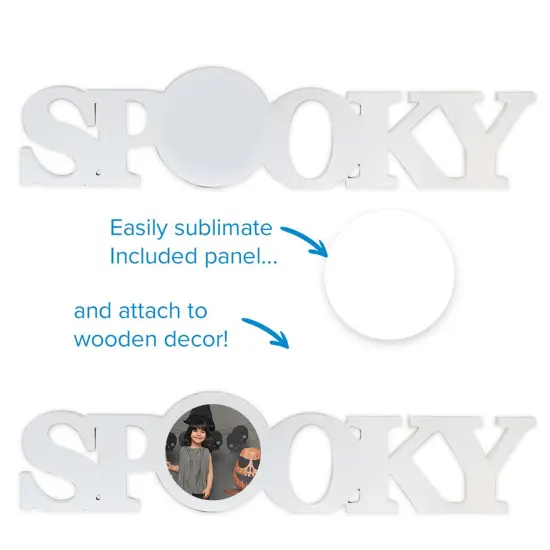 Sublimation Halloween White Coated Wood Word Blocks D&eacute;cor for Halloween&ndash; Sublimation Ready with 3.74&rdquo; Plate- Spooky {2}