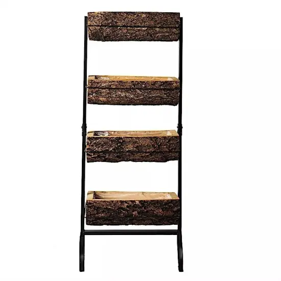 4 Tier Black Brown Metal Stand Natural Wood Planters Holders Home Decorations {1}
