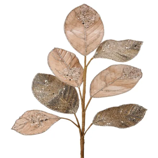 26" Velvet Glittered Salal Leaf Spray in Champagne Gold – Elegant Home Decor & Christmas Floral Arrangement {1}