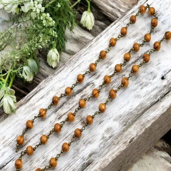 Beaded Chain - 7mm Sandalwood Round Bead w/ Antique Bronze Links (3.25 ft) {3}