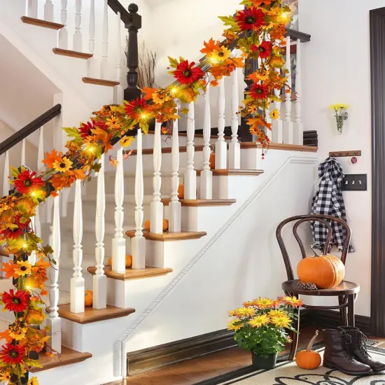 6FT Fall Maple Leaf Garland with Lights - Round {3}