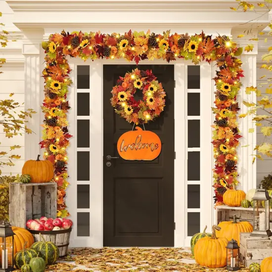 2 Pack Fall Garland with Lights - Sunflower Autumn Leaves Garland {4}