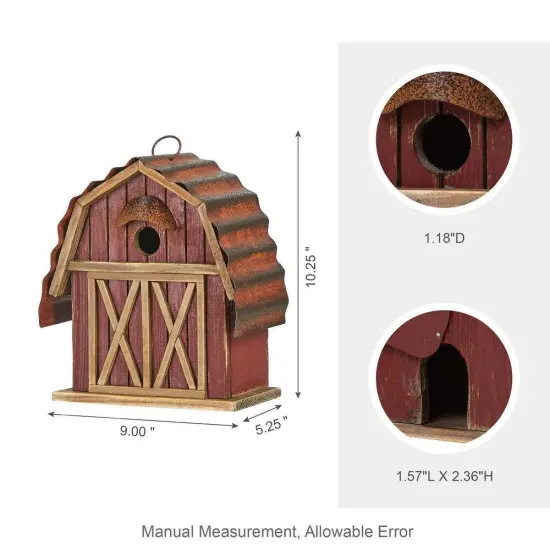 Red Barn Wood Metal Hanging Birdhouse with Distressed Finish and Rustic Roof {5}