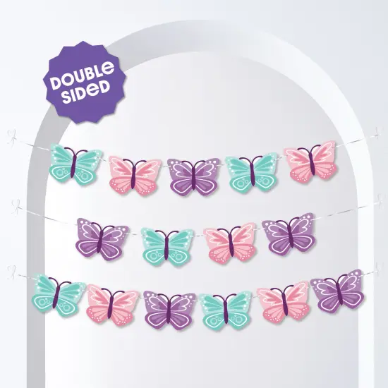 Big Dot of Happiness Beautiful Butterfly Garland Banner, Baby Shower or Birthday Party Decorations, Fairy Garden Party Banner, 30 Feet of Cord, 15 Double-Sided Butterflies {3}