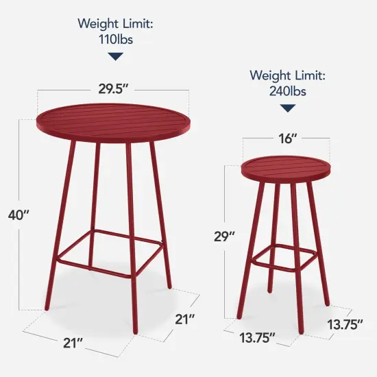 Best Choice Products 3-Piece Steel Patio Bar Height Round Bistro Set w/ Backless Stools, Slatted Design Red {2}