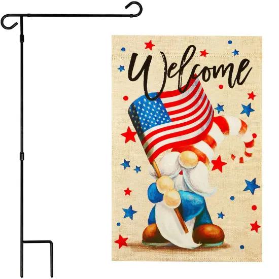 G128 Combo Pack: Garden Flag Stand 36x16IN & Garden Flag Welcome Patriotic Gnome Printed 12x18IN Double Sided {1}