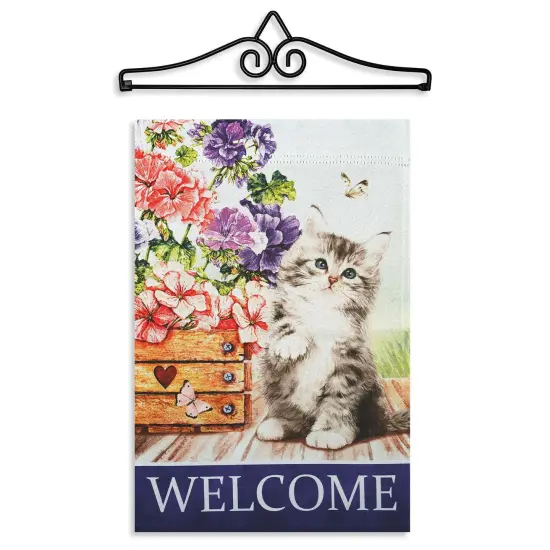 G128 Combo Pack Garden Flag Hanger 14IN & Garden Flag Welcome Kitten Flowers Printed 12x18IN Double Sided {1}
