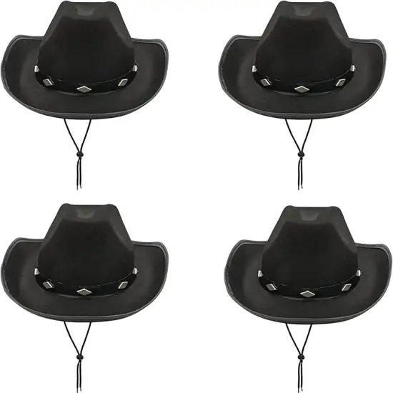4E's Novelty 4 Pack Black Cowboy Hat Party Pack (Kid Size) - Felt Cowgirl Hats for Girls, Boys, Teens {1}