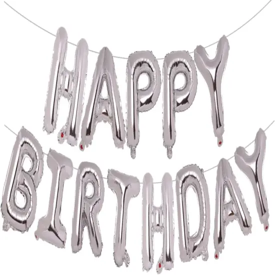 Silver Happy Birthday Balloons Banner - 16 Inch, Aluminum Foil {1}