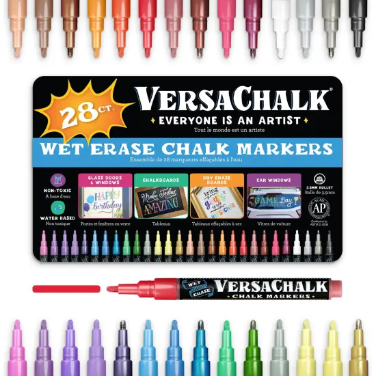 VersaChalk 28 Count Liquid Chalk Markers &ndash; 3mm Fine Tip, Erasable, Non-Toxic Chalk Pens for Chalkboards, Glass, and Windows &ndash; Easy Wipe {1}