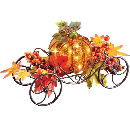 Collections Etc Solar Pumpkin Lighted Coach Wagon Fall Decor {2}