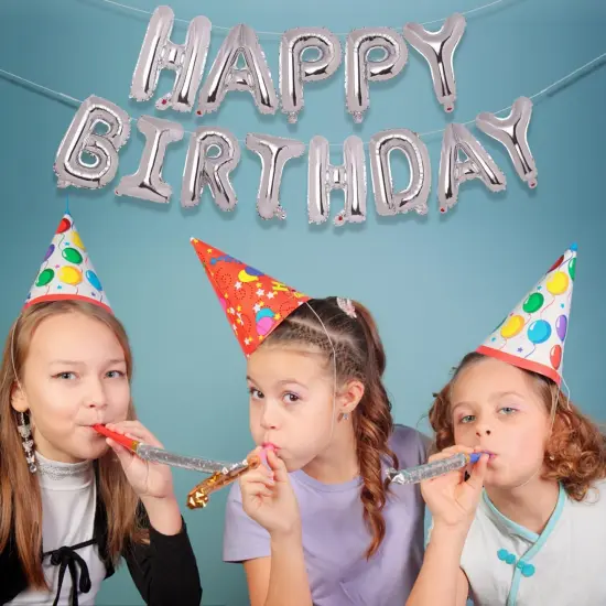Silver Happy Birthday Balloons Banner - 16 Inch, Aluminum Foil {3}