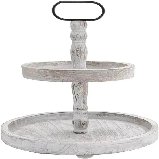 2 Tiered Tray Stand for Home Decor, Wooden Serving Tiered Tray for Coffee Bar Table Centerpiece, Decorative Trays Kit {1}