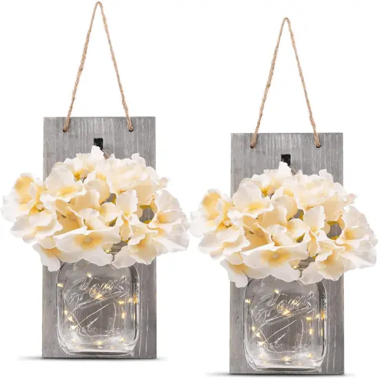 Decorative Mason Jar Wall Decor - Rustic Wall Sconces with 6-Hour Timer LED Fairy Lights and Flowers - Farmhouse Home Decor (Set of 2) {1}