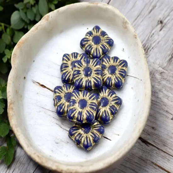*13* 11mm Gold Washed Opaque Cobalt Square Zinnia Flower Beads {2}