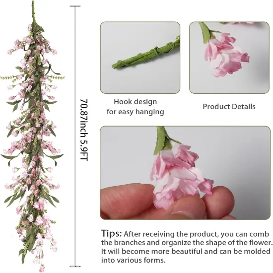 Flower Garland Artificial Paper Wildflower Vines Greenery Hanging Floral Garlands for Spring Summer Indoor Outdoor Living Room Kitchen Window Mirror Decor 5.4ft (Pink) {3}