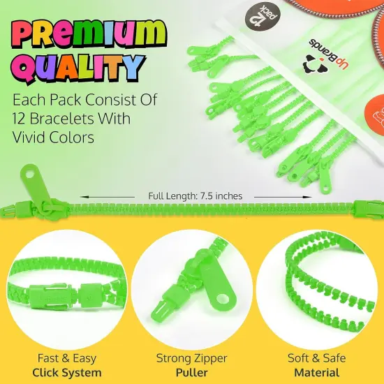 12-Pack Green 7-Inch Zipper Bracelets &ndash; Themed Fidget Party Favors for Earth Day, Bulk Sensory Toys for Kids, and Lucky Accessories for St. Patrick&rsquo;s Day {3}