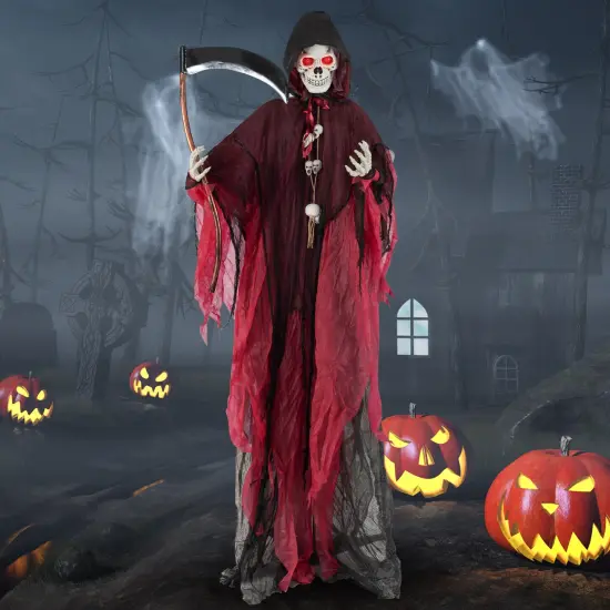 8 Feet Sound Activated Grim Reaper Halloween Prop with Lighted Eyes and Scary Sounds for Yard Decor {5}