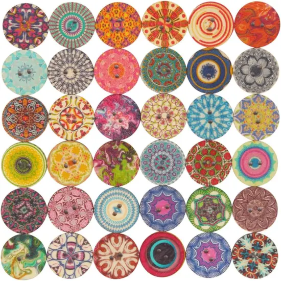 100pcs Mixed Random Flower Painting Round 2 Holes Wood Wooden Buttons for Sewing Crafting 20mm {1}