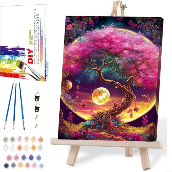 Paint by Numbers Kit for Adults Framed with Wooden Easel, Tree with Moon Painting by Numbers for Adults, Acrylic {1}
