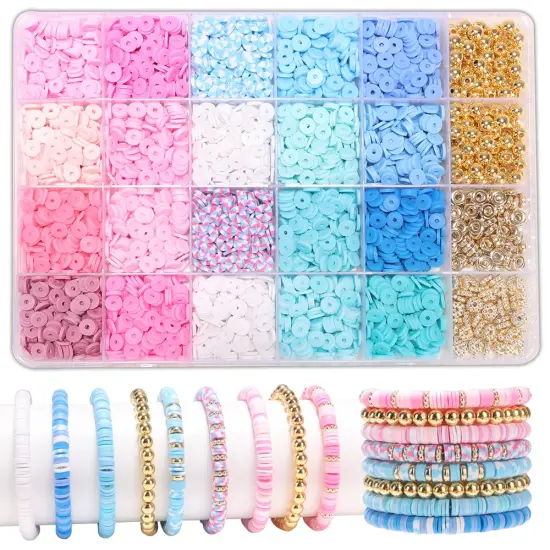 Blue Clay Bead Bracelet Kit DIY Jewelry Making Kit Clay Beads Bracelet Making Kit, Flat Preppy Beads for Friendship Bracelets, Polymer Clay Beads Crafts Gifts {1}