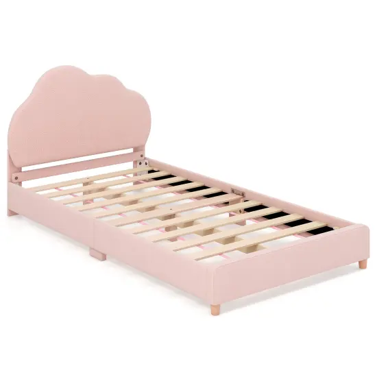 Velvet Kids Twin Bed with Adjustable Headboard Sturdy Wooden Frame and Soft Upholstery White & Pink {10}