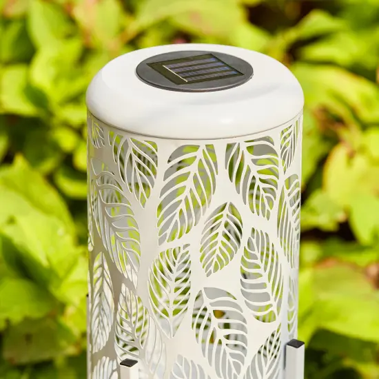 Set of 2 14.25"H Metal Cutout Leaves Pattern Solar Powered LED Outdoor Lantern with Stand 2pcs White {12}